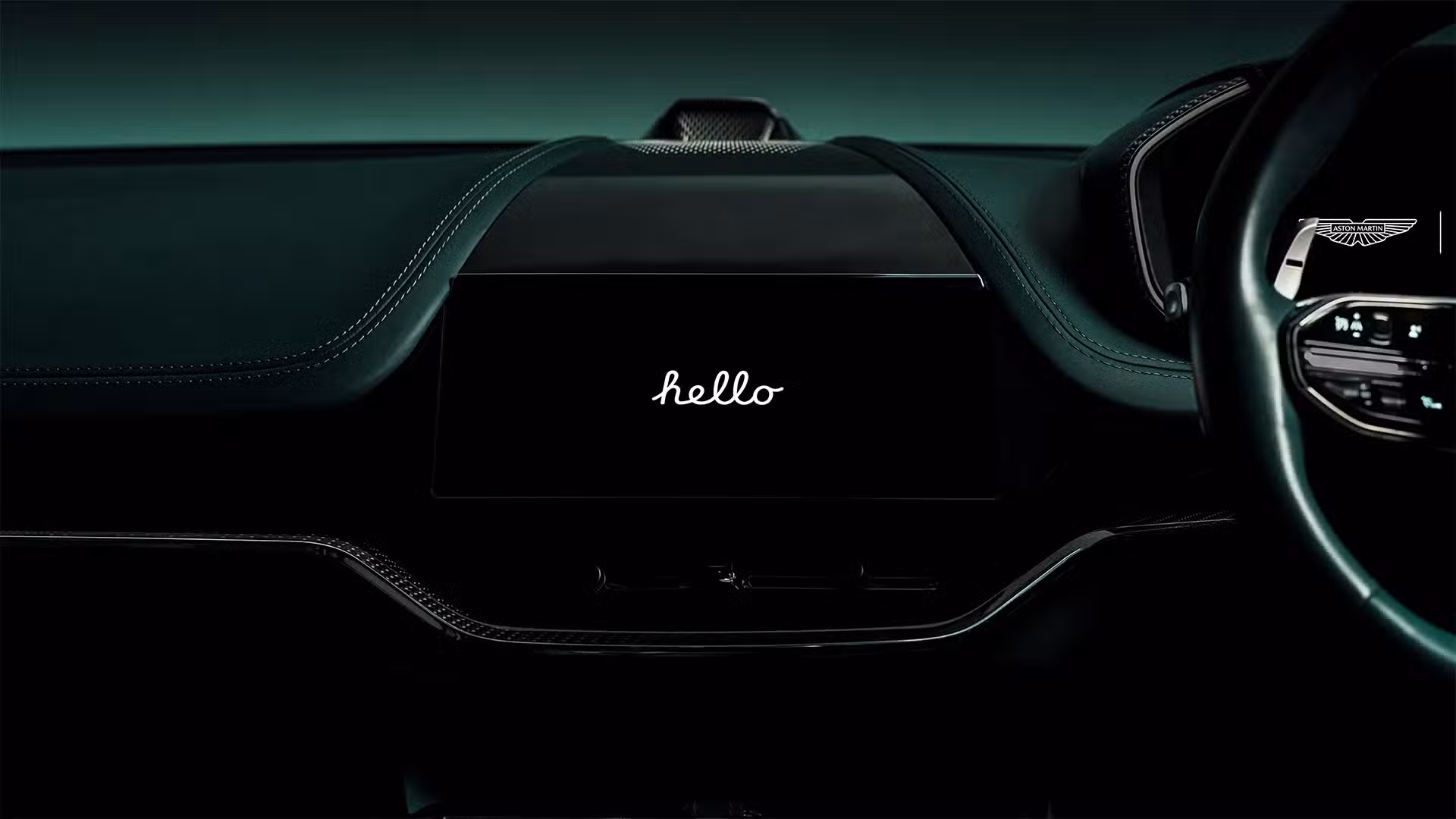 Aston Martin dash screen showing hello